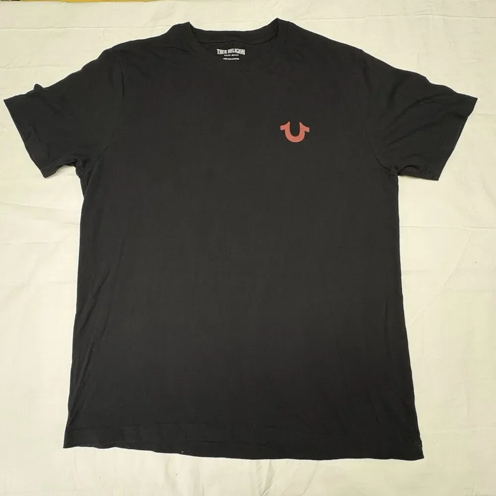 True Religion Mens XL Black T-Shirt Red Horseshoe Logo Cotton Crew Neck Tee
